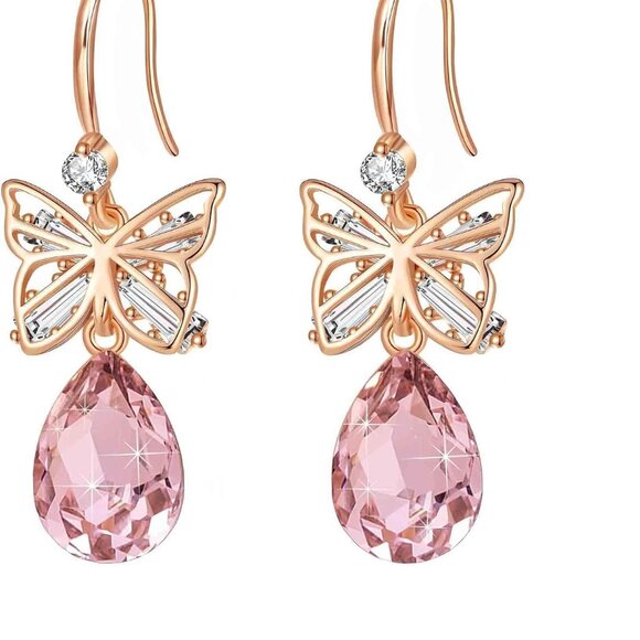 Jewelry - Crystal Butterfly Drop Earrings Hypoallergenic Pink Rose Gold Jewelry Women
